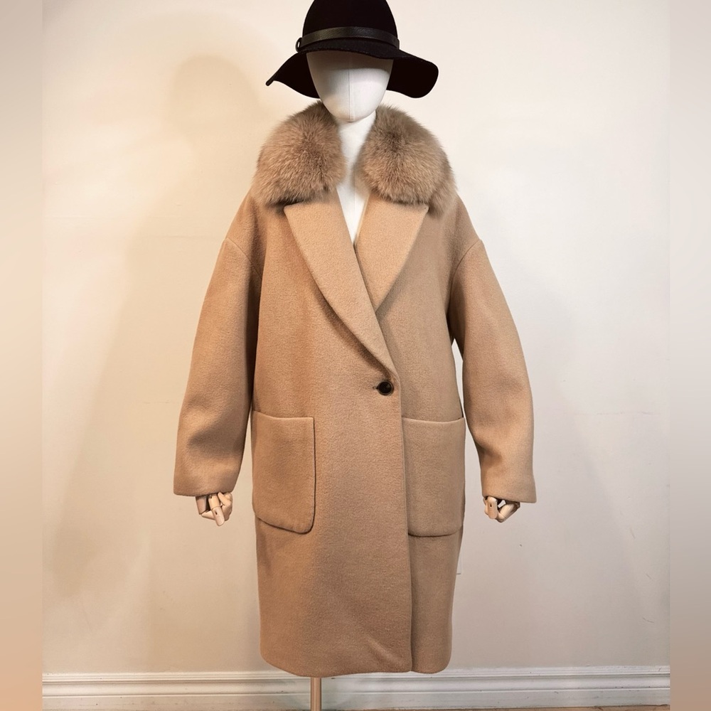 Camel Wool Coat with Removable Fur Collar (Korean Designer Brand)